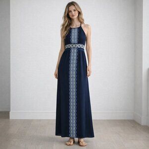 ✨ Max Studio Halter Maxi Dress - Small, Blue Geometric Floral Print ✨
